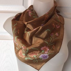 Kenya VTG Lovely Silk Square Scarf Carnations Pattern. Golden brown background